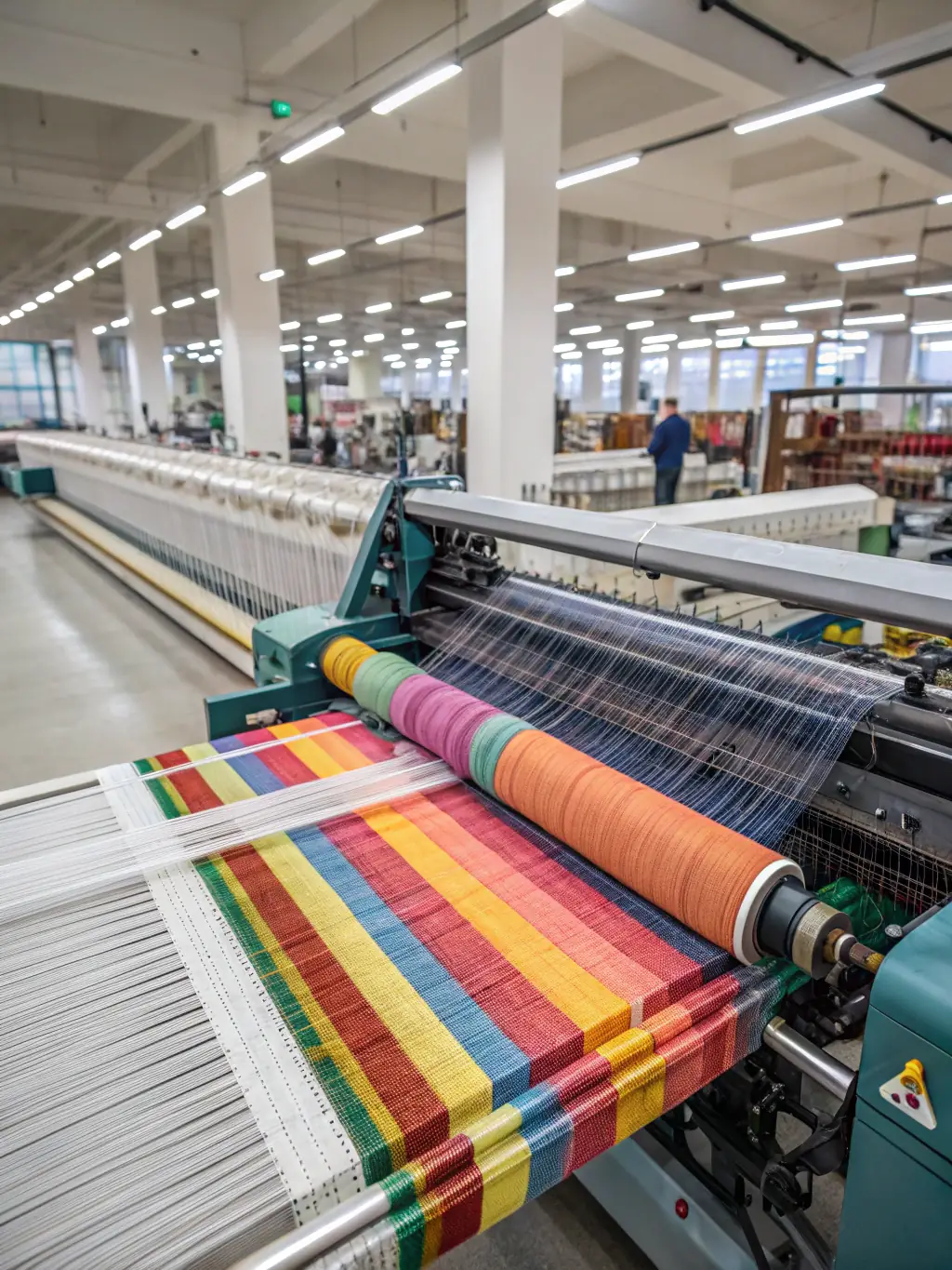 A modern textile printing machine applying a detailed and colorful design onto a roll of fabric at Kanavice Textile, demonstrating the advanced technology used in their production process.