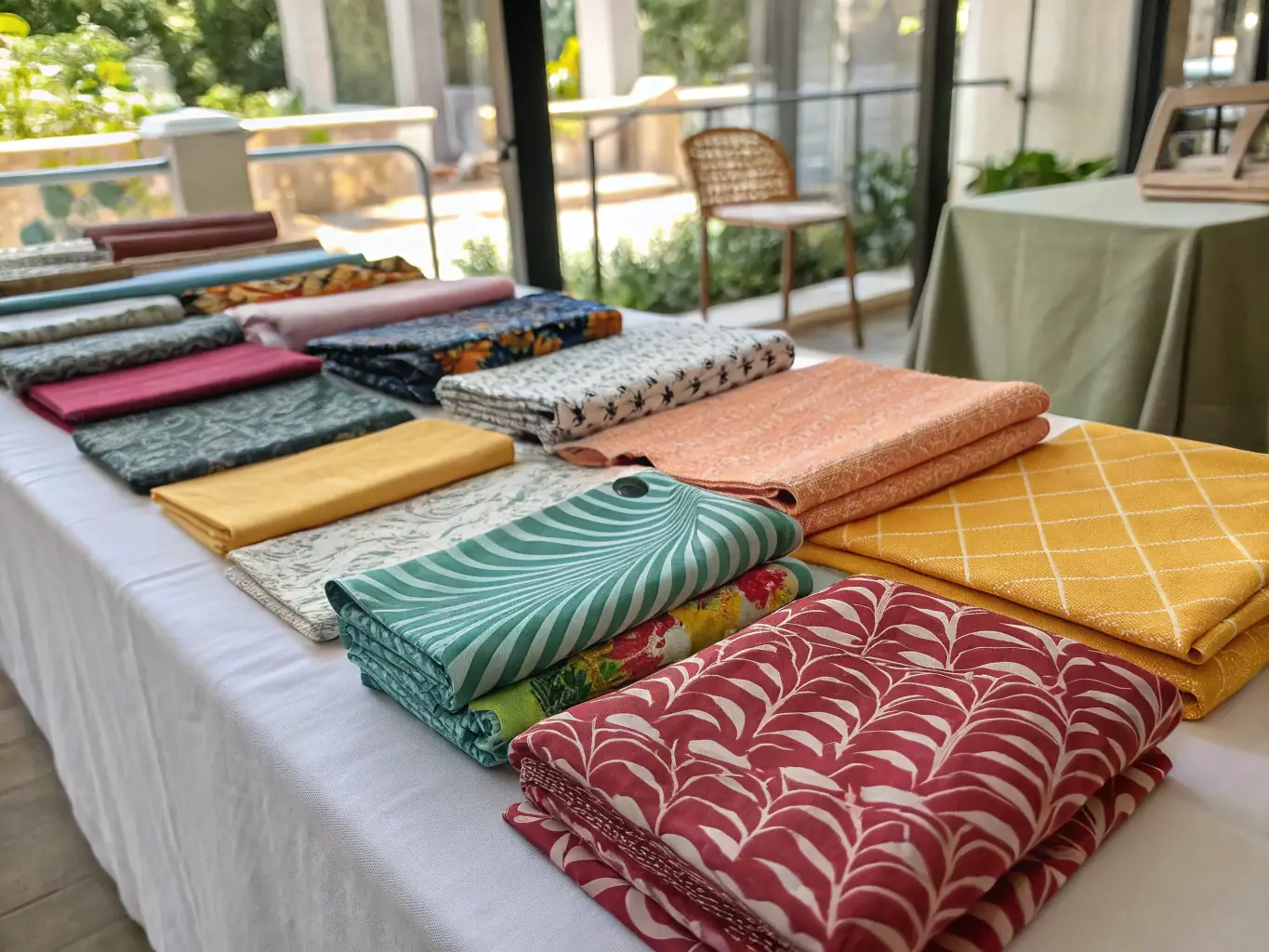 A photograph showcasing a selection of Kanavice Textile's elegant fabric collections, featuring a variety of colors, patterns, and textures, arranged to highlight the diversity and quality of the textiles.