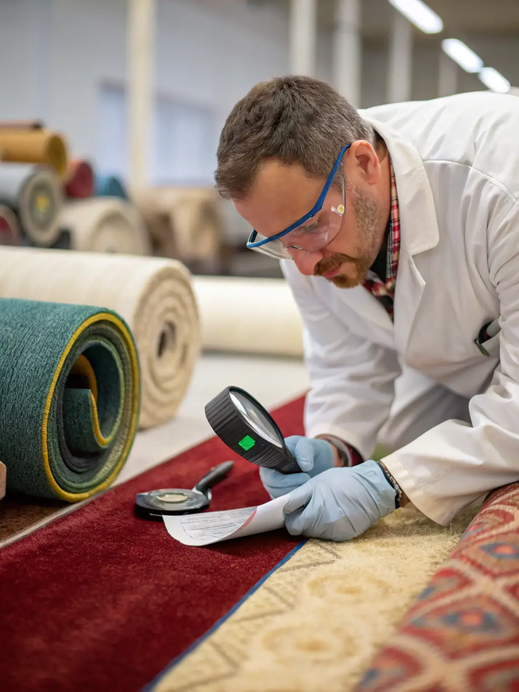 A quality control inspector meticulously examining a roll of finished fabric under bright light at Kanavice Textile, ensuring it meets the company's high standards.