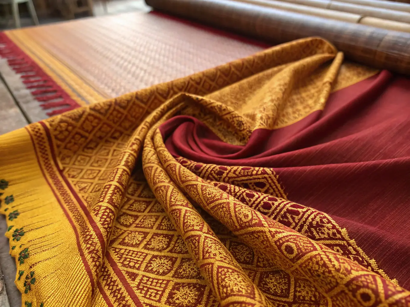A photograph highlighting the intricate details and craftsmanship of Kanavice Textile's artisanal fabric collection, showcasing hand-woven textures and unique embellishments.