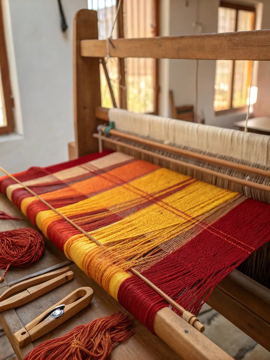 A close-up shot of a loom weaving intricate patterns with colorful threads at the Kanavice Textile factory, showcasing the precision and artistry involved in fabric production.