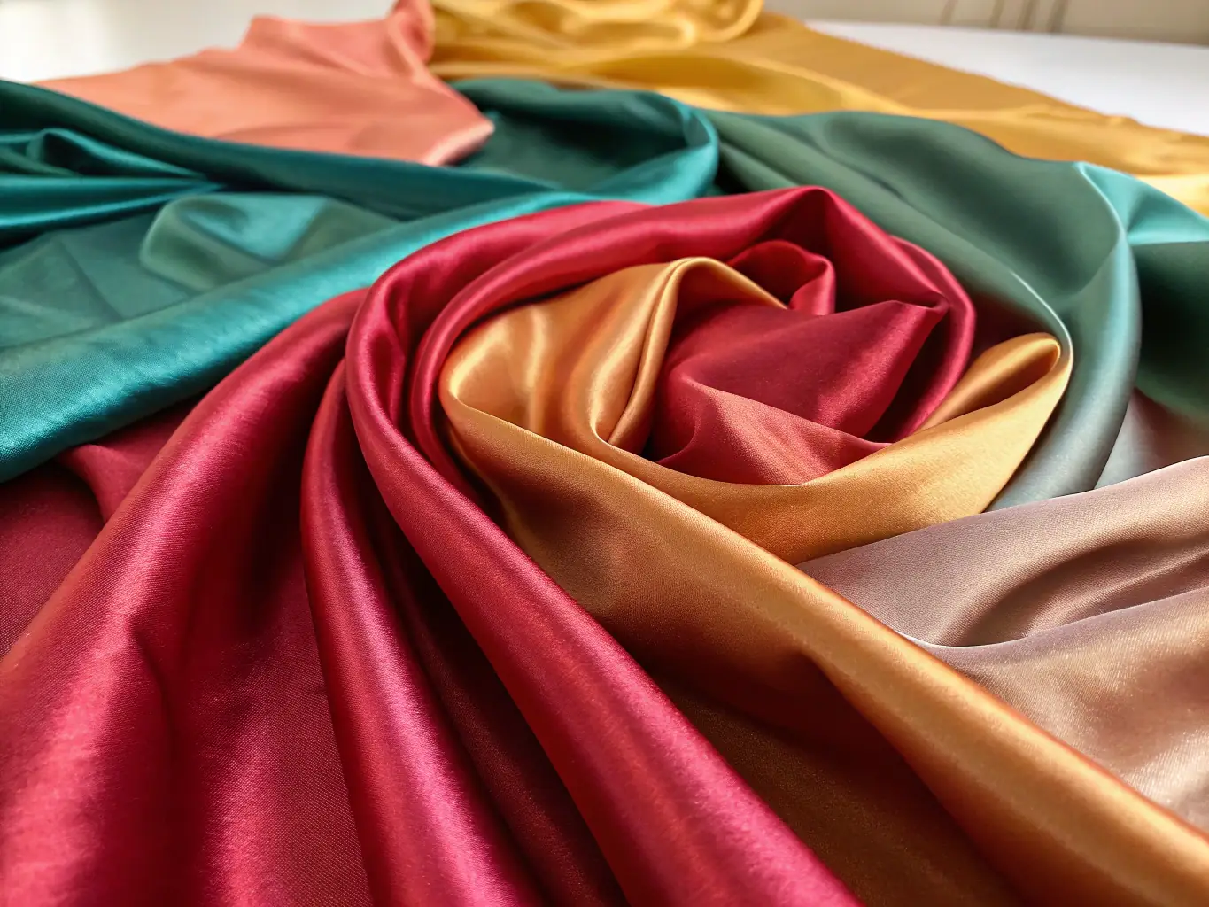 A close-up shot of a luxurious silk fabric with intricate patterns, showcasing its smooth texture and vibrant colors, suitable for high-end fashion designs.